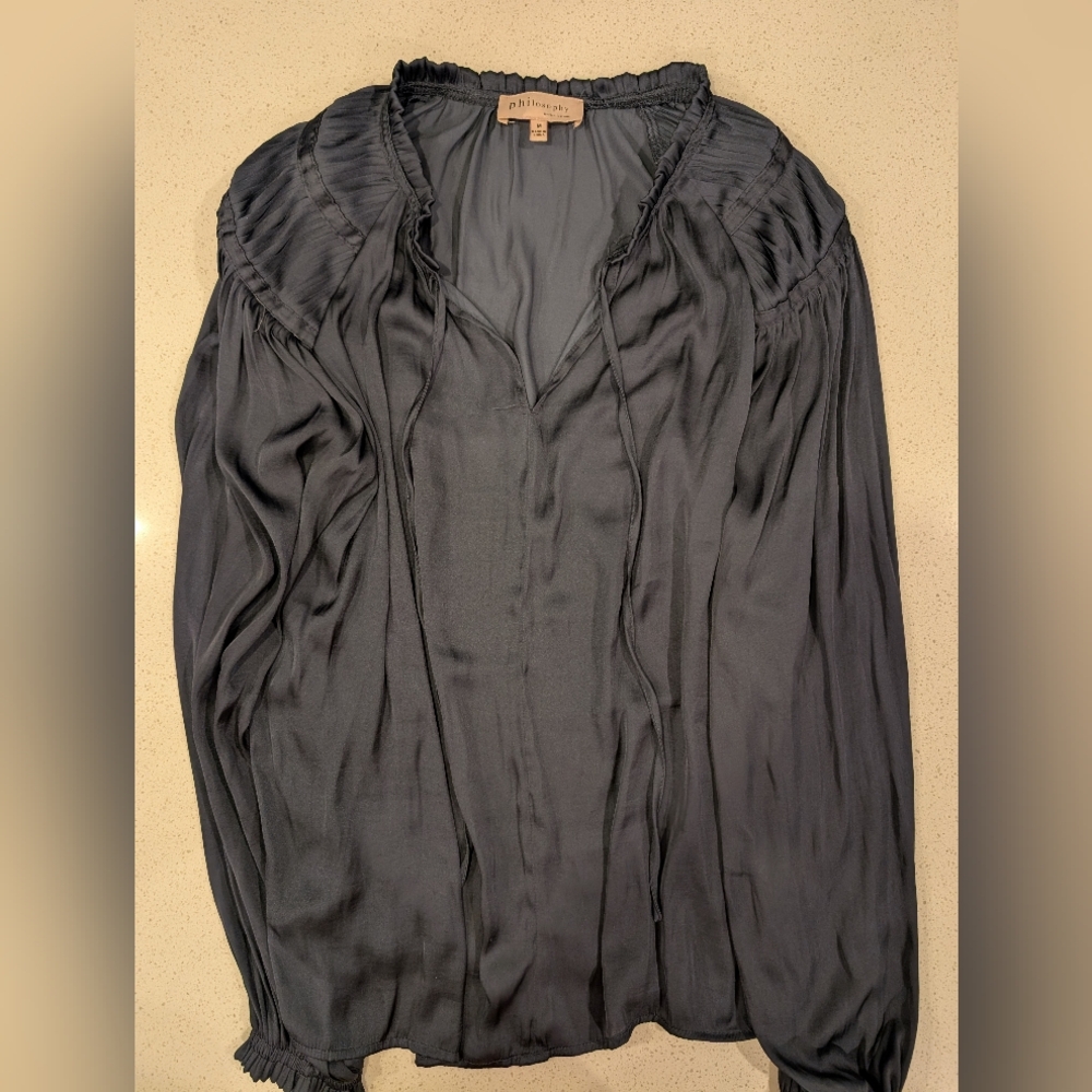 Anthropologie Slate-Gray Tie-Neck Peasant Blouse